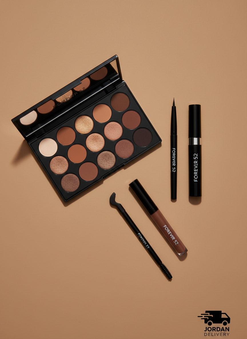 A sophisticated, high-resolution flat lay of Forever 52 eye makeup essentials arranged with geometric precision on a matte, warm taupe background. An open eyeshadow palette displays rich browns, golds, and rose tones, each pan perfectly clean and untouched. Beside it, a jet-black precision eyeliner pen, a volumizing mascara tube, and two sculpted brow products lie parallel, creating subtle lines across the frame. Soft overhead studio lighting casts fine, controlled shadows that emphasize edges and contours without harshness. The scene feels modern and editorial, with a photographic realism style and a rule-of-thirds composition leading the eye across the products. The overall atmosphere is bold yet polished, ideal for a category image highlighting eye-focused makeup collections with fast local Jordan delivery.