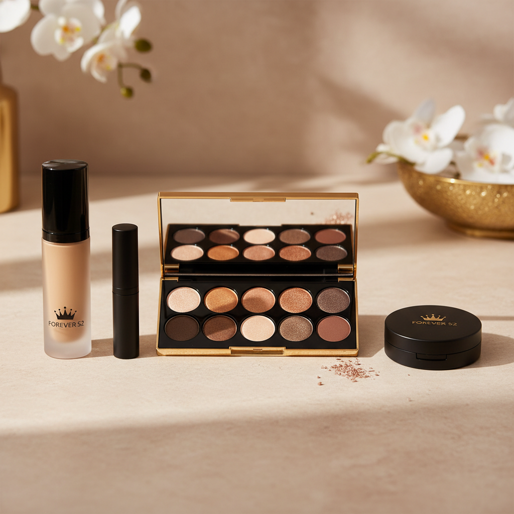 An elegant flat lay of premium Forever 52 makeup products arranged on a smooth, light beige stone surface. A luxurious eyeshadow palette with shimmering neutrals lies open, its metallic pans catching soft studio light. Nearby, a satin-finish foundation bottle with a sleek black cap stands upright beside a matte black liquid lipstick tube and a finely milled compact powder with embossed branding. Diffused, warm white lighting from above creates gentle reflections on the packaging and subtle shadows around each item. The background is softly blurred at the edges, emphasizing the products in sharp focus. Photographic realism with a clean, modern, sophisticated atmosphere suitable for a luxury Jordan-based makeup reseller homepage banner.