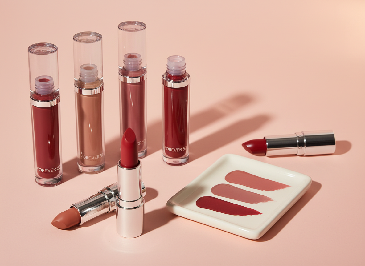 A meticulously arranged composition of Forever 52 lip products displayed on a smooth, pale rose background. Several matte liquid lipsticks stand upright in clear tubes, revealing rich nude, mauve, and deep red tones, while two classic bullet lipsticks rest horizontally with their beveled tips exposed. A precise swipe of each shade is painted in silky strokes on a small ivory ceramic tile nearby, showing true color payoff and texture. Gentle, warm studio lighting from the top right creates soft gleams on the tubes and a subtle shadow gradient across the backdrop. Shot at a slightly elevated angle with shallow depth of field, the focus remains on the color and finish of each lipstick. The mood is luxurious, feminine, and refined, matching a sophisticated authorized makeup reseller brand.