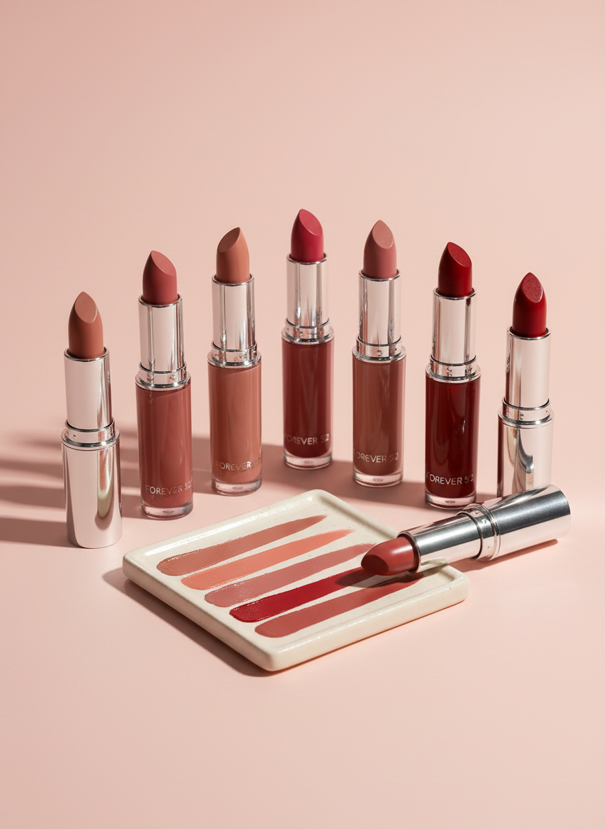 A meticulously arranged composition of Forever 52 lip products displayed on a smooth, pale rose background. Several matte liquid lipsticks stand upright in clear tubes, revealing rich nude, mauve, and deep red tones, while two classic bullet lipsticks rest horizontally with their beveled tips exposed. A precise swipe of each shade is painted in silky strokes on a small ivory ceramic tile nearby, showing true color payoff and texture. Gentle, warm studio lighting from the top right creates soft gleams on the tubes and a subtle shadow gradient across the backdrop. Shot at a slightly elevated angle with shallow depth of field, the focus remains on the color and finish of each lipstick. The mood is luxurious, feminine, and refined, matching a sophisticated authorized makeup reseller brand.