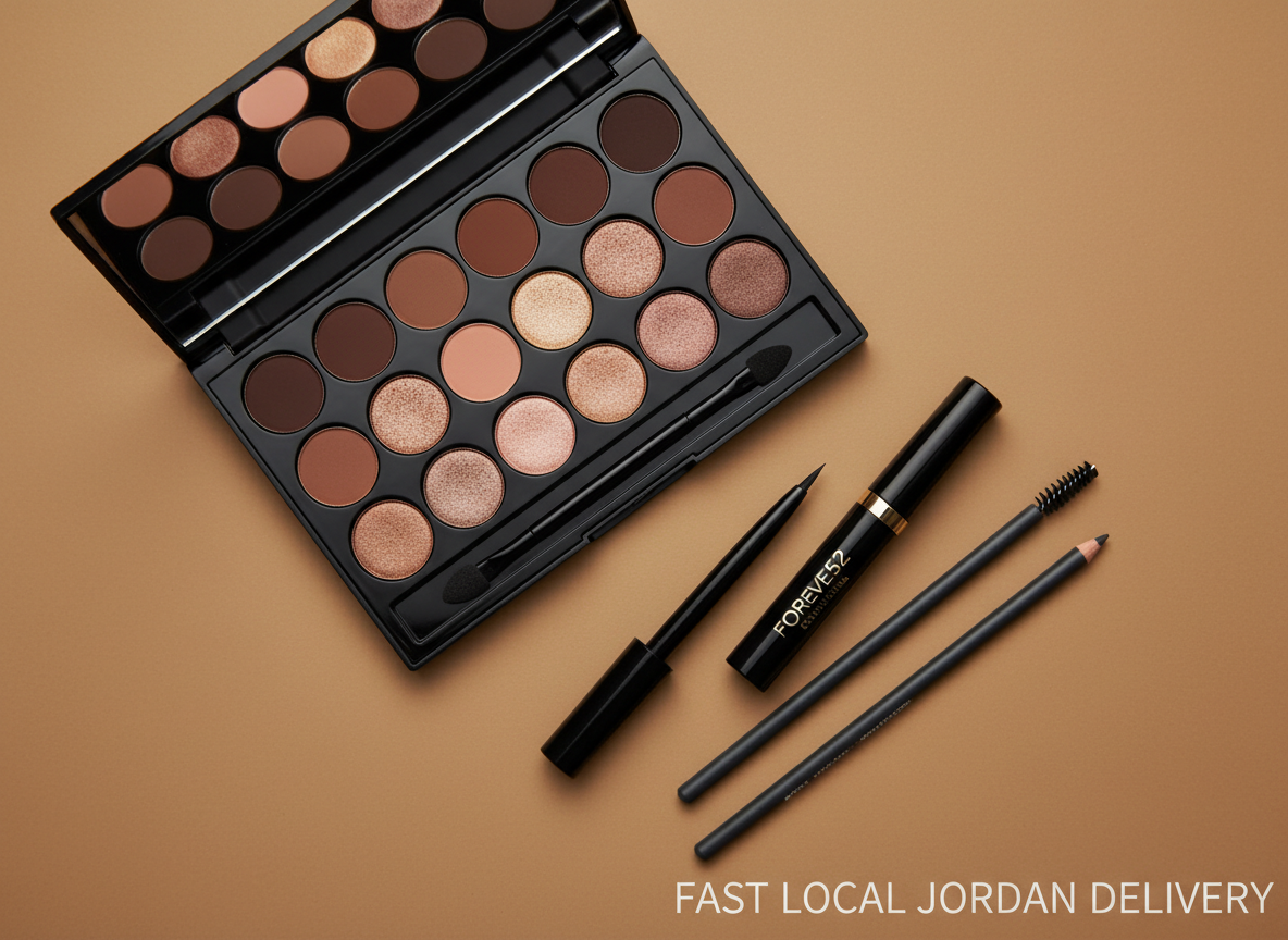 A sophisticated, high-resolution flat lay of Forever 52 eye makeup essentials arranged with geometric precision on a matte, warm taupe background. An open eyeshadow palette displays rich browns, golds, and rose tones, each pan perfectly clean and untouched. Beside it, a jet-black precision eyeliner pen, a volumizing mascara tube, and two sculpted brow products lie parallel, creating subtle lines across the frame. Soft overhead studio lighting casts fine, controlled shadows that emphasize edges and contours without harshness. The scene feels modern and editorial, with a photographic realism style and a rule-of-thirds composition leading the eye across the products. The overall atmosphere is bold yet polished, ideal for a category image highlighting eye-focused makeup collections with fast local Jordan delivery.