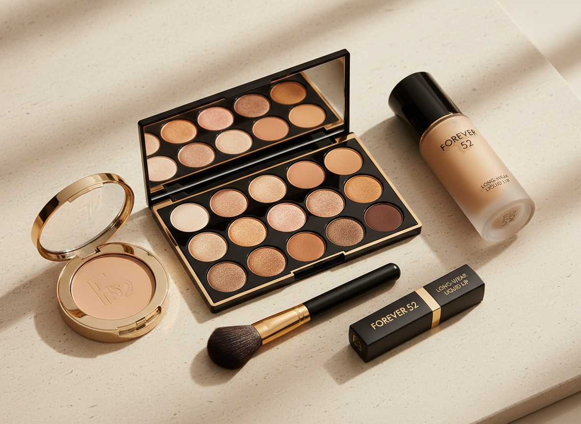 An elegant flat lay of premium Forever 52 makeup products arranged on a smooth, light beige stone surface. A luxurious eyeshadow palette with shimmering neutrals lies open, its metallic pans catching soft studio light. Nearby, a satin-finish foundation bottle with a sleek black cap stands upright beside a matte black liquid lipstick tube and a finely milled compact powder with embossed branding. Diffused, warm white lighting from above creates gentle reflections on the packaging and subtle shadows around each item. The background is softly blurred at the edges, emphasizing the products in sharp focus. Photographic realism with a clean, modern, sophisticated atmosphere suitable for a luxury Jordan-based makeup reseller homepage banner.