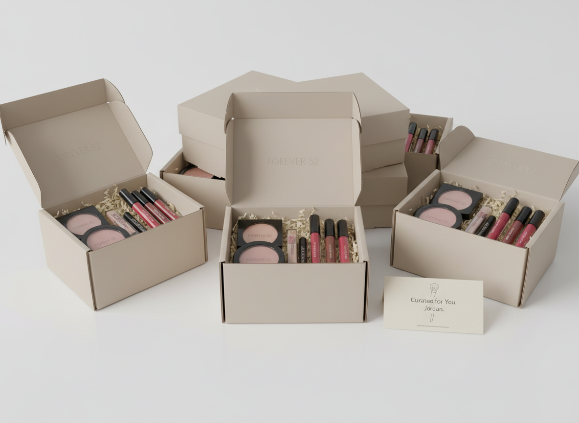 A minimalist, photographic scene of organized Forever 52 makeup orders prepared for fast local delivery in Jordan. Sleek, matte beige shipping boxes with discreet branding sit neatly stacked on a clean white surface, each box partially open to reveal carefully arranged makeup products nestled in crinkled, light tissue paper. A small, elegant product card printed on textured cardstock lies beside one box, hinting at curated selections. Soft, even studio lighting from above produces almost shadowless clarity, emphasizing cleanliness and precision. The composition is shot at eye level with sharp focus throughout, conveying reliability and professionalism. The atmosphere is calm, orderly, and premium, visually telling the story of an authorized reseller that prioritizes care, authenticity, and prompt delivery without showing any human presence.