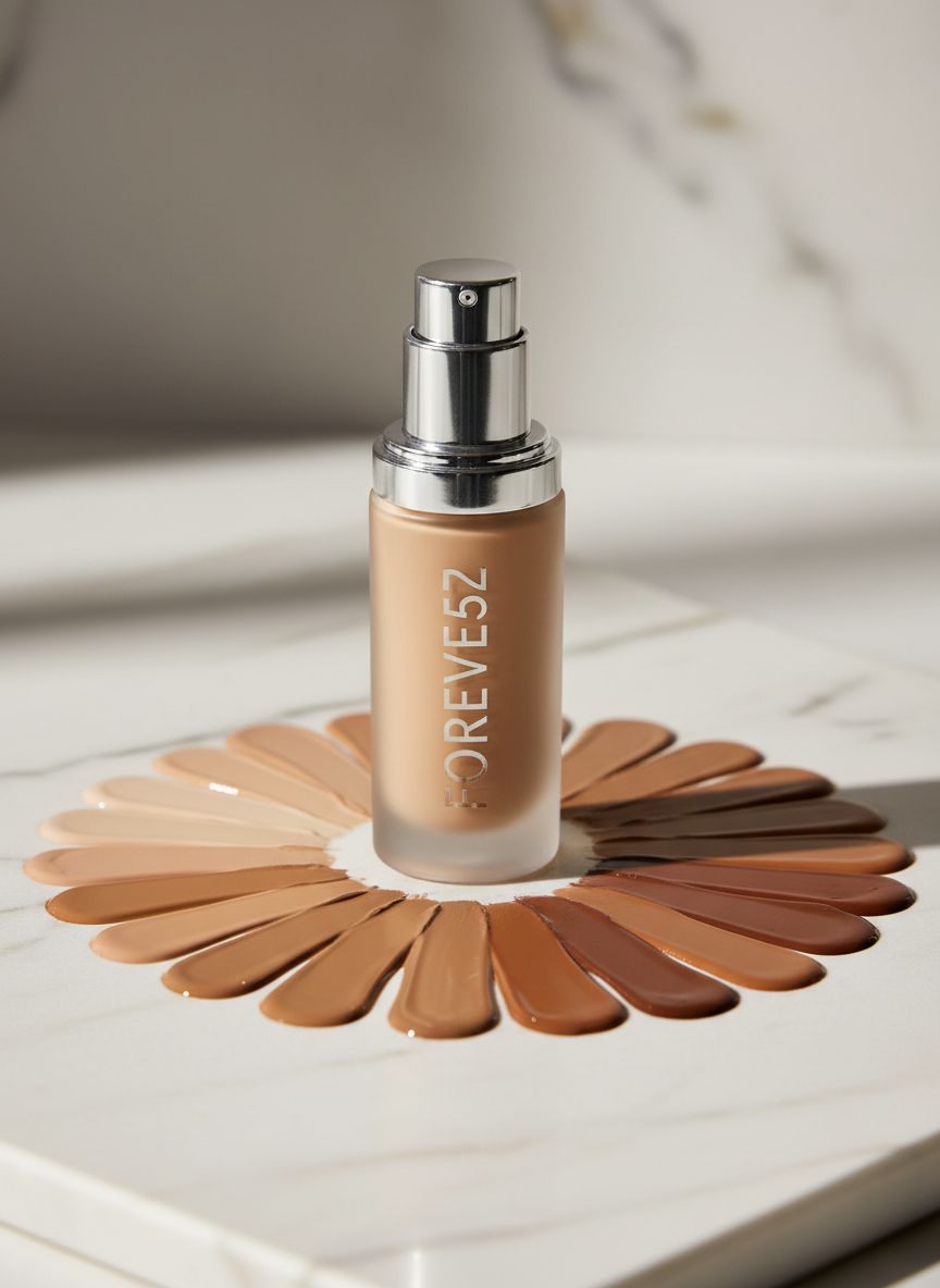 A close-up, photographic shot of a Forever 52 liquid foundation bottle in frosted glass, its pump and logo crisply detailed, placed on a polished ivory marble slab. Around it, swirled samples of multiple foundation shades form a smooth gradient arc, from very fair to deep rich tones, showcasing inclusive color range. Soft, diffused studio lighting from the left creates silky highlights on the glass and velvety texture on the swatches, with delicate shadows falling to the right. The composition uses a shallow depth of field, keeping the bottle and central swatches in sharp focus while the marble veins and outer edges gently blur. The mood is refined, professional, and trustworthy, echoing a curated, authorized reseller aesthetic.
